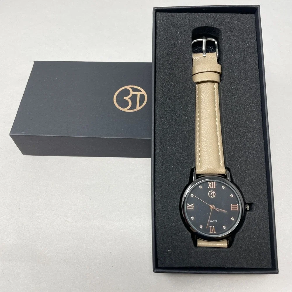 3T Watch Tan Band Quartz Movement Stainless Steel Back‎ Gift Box Black Dial